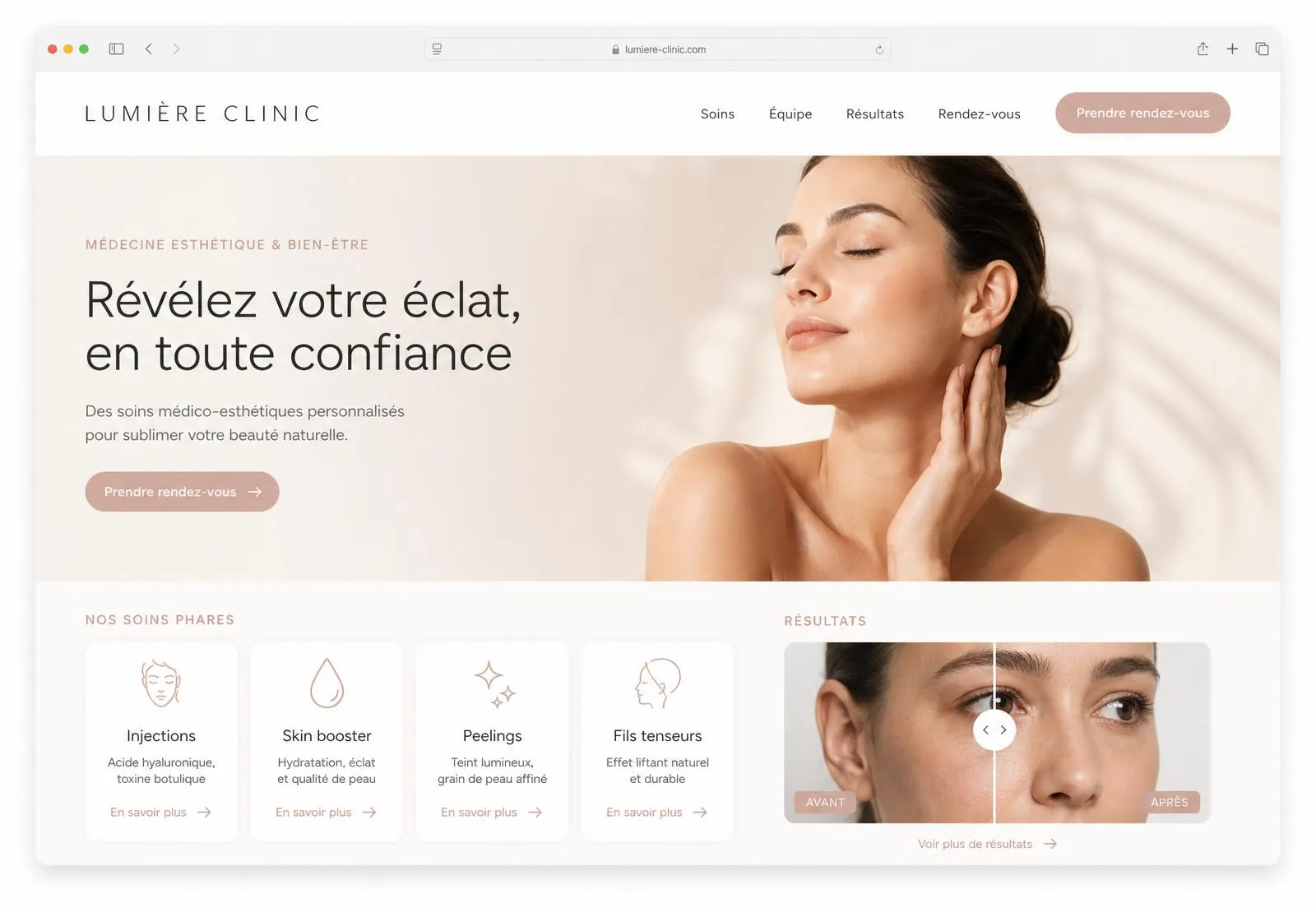 Parcours de prise de rendez-vous conçu pour Lumière Clinic